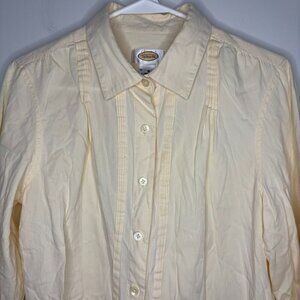 TALBOTS Button Up Shirt Medium Cream Yellow Pleats Long Sleeve Ribbed